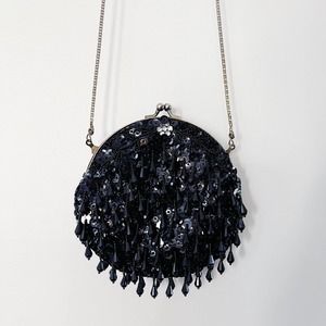 60s Round Black Beaded Rhinestone Evening Purse